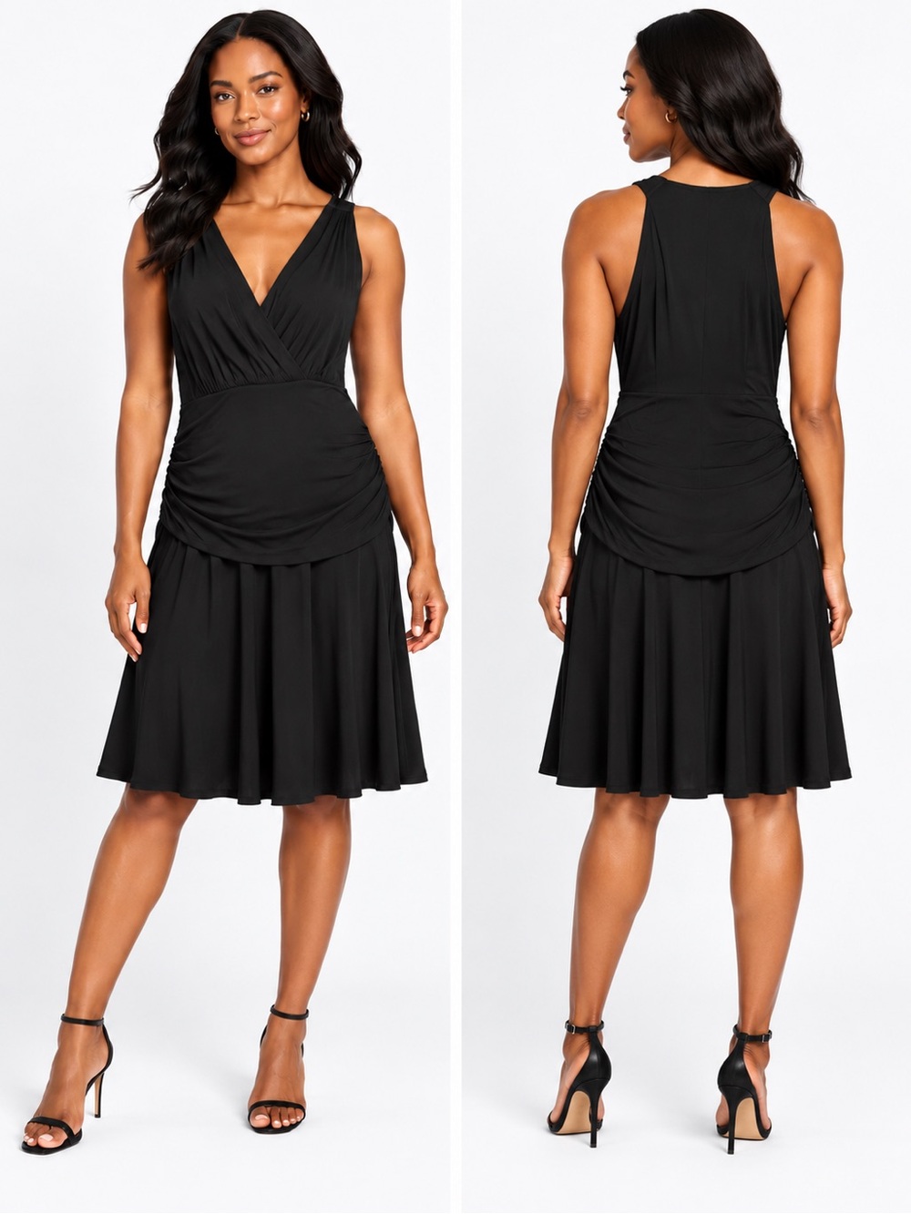 Nine West Black V-Neck Sleeveless Ruched Waist Dress